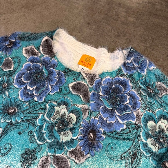 Ruby Rd. Sweaters - Ruby Rd Floral Eyelash Knit Sweater Womens 2X Blue Fuzzy 3/4 Sleeve NWT